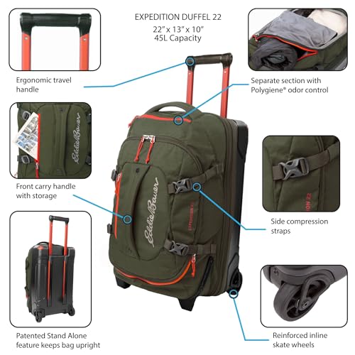 Eddie Bauer Expedition 22 Duffel Bag 2.0 - Lightweight Travel Luggage Made From Rugged Polycarbonate and Nylon, Dk Thyme
