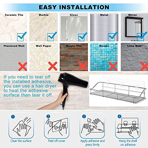 KESOL Adhesive Shower Caddy Shower Shelf Basket with Hooks, 304 Stainless Steel, 2 Pack - Thumbnail 6