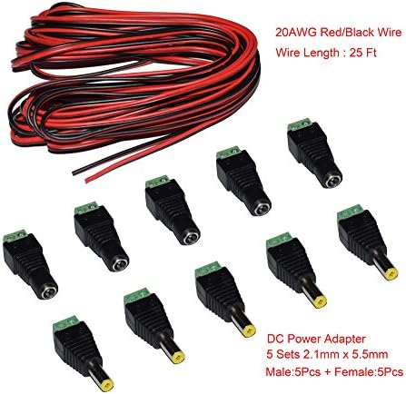 20 Guage 25 Ft 12Vdc Wire Red/Black 2 Conductor + 5 Sets 2.1mm x 5.5mm CCTV Camera DC Power Adapter(Male 5Pcs Female 5Pcs)