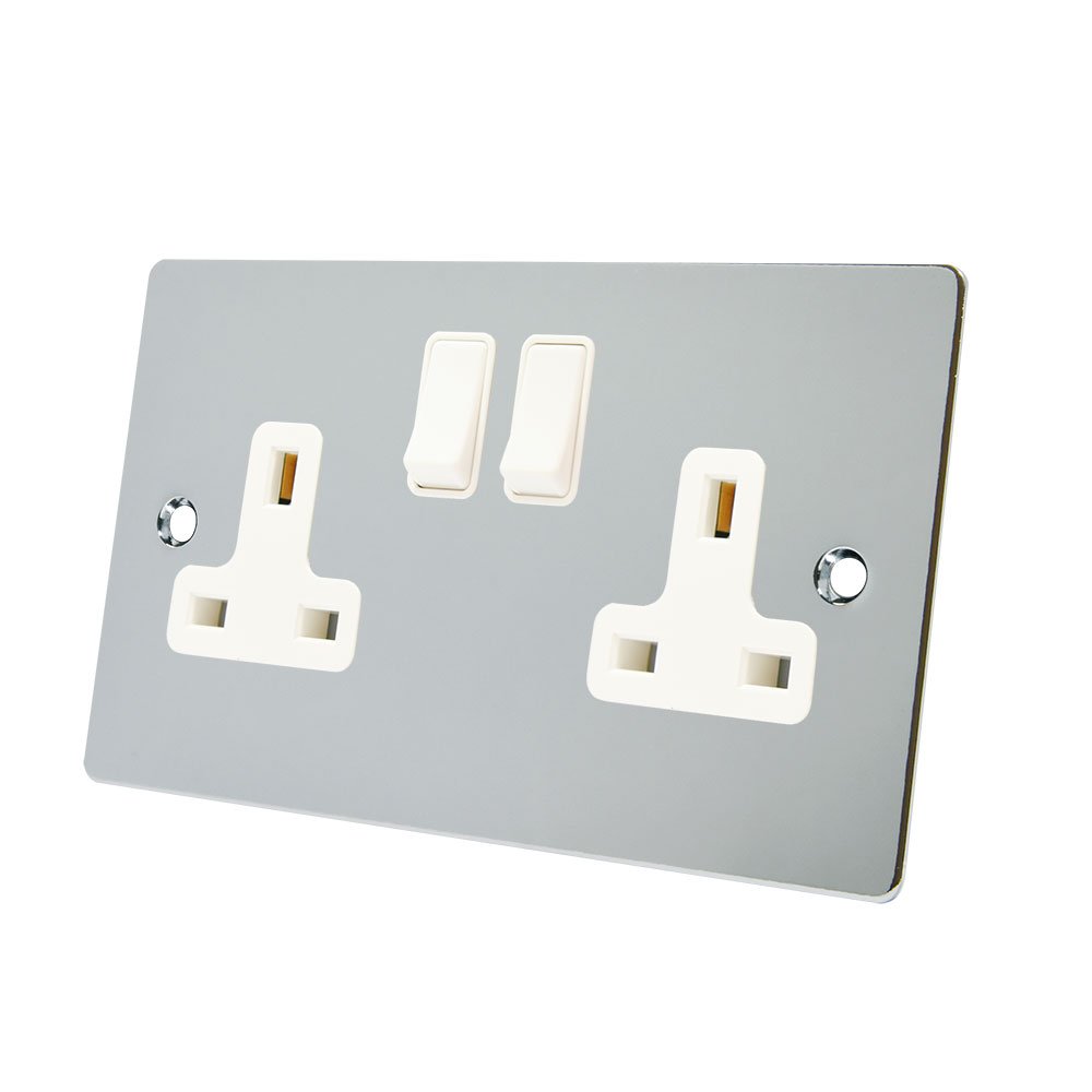Alliance Electrical FPC2GSOCWH 13 A 2 Gang White Insert Double Plug Flat Plastic Rocker Switch Socket - Polished Chrome