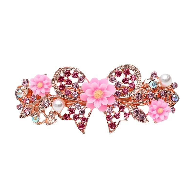 Crystal Flower Hair Barrettes Vintage Butterfly Rhinestone French Spring Clasp Claws Pearl Hair Clips Accessories for Women Girls Teens (Pink)