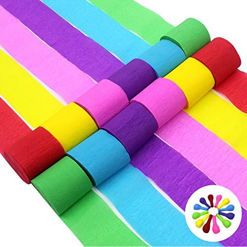 JUSLIN 24 Rolls 6-Color Crepe Paper Streamer for Party Wedding Decoration, with 12 Colorful Balloons as Gift