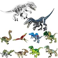 LTCtoy 10pcs Dinos Toy, Included 2 Large Size Buildable Dinosaur Building Blocks Figures with Movable Jaws，T Rex Baryonyx