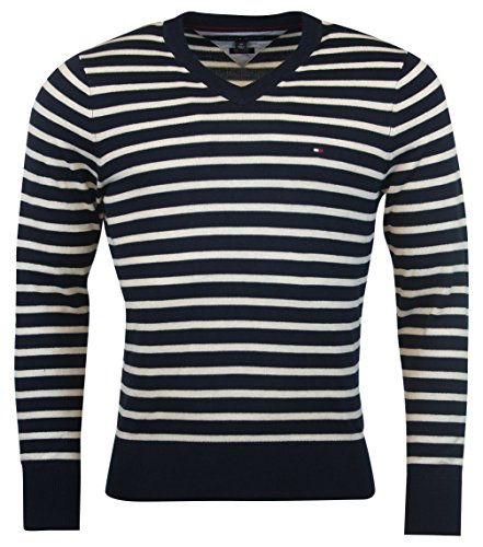 Tommy Hilfiger Mens Striped Ribbed Trim V-Neck Sweater Navy L