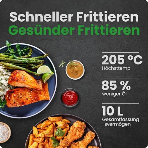 Multifunktionale Digitale Heißluftfritteuse + Rotisserie, Dörrautomat, Konvektion, 17 Touchscreen-Voreinstellungen, XL 10L Familiengröße, Automatische Abschaltung, Großes Sichtfenster, Schwarz