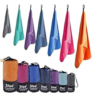 Sfee Microfiber Sport Travel Towel Set -72″x32″+24″x15″-Quick Dry Absorbent Compact Lightweight Soft Beach Yoga Bath Gym Towels-Fit for Outdoors Fitness Hiking Camping+Carabiner(XL Dark Blue)