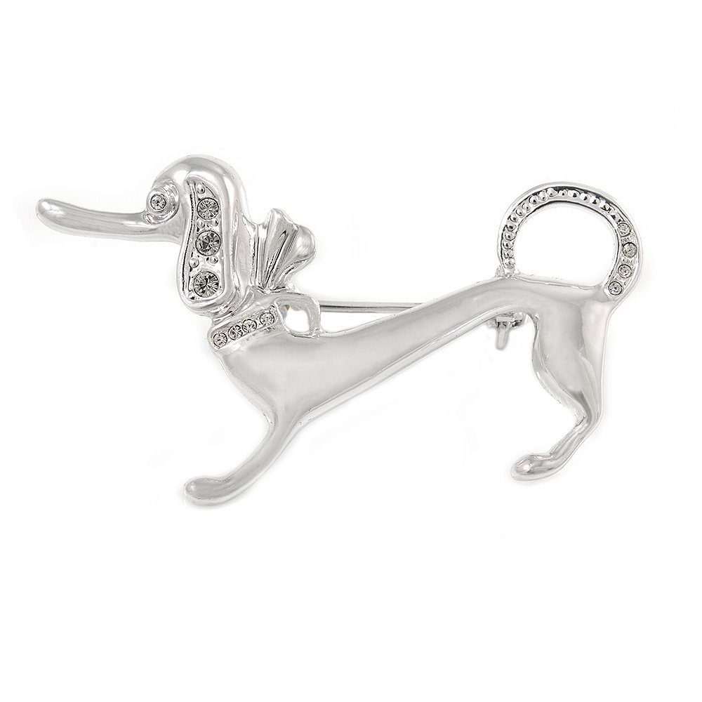 Stylish Badger-Dog Brooch In Polished Rhodium Plated Metal - 45mm L