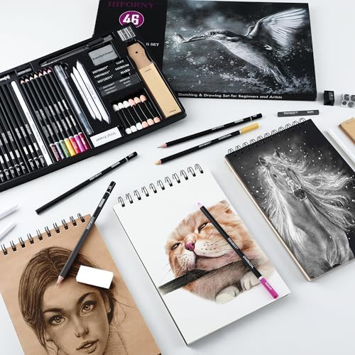 Lot de 46 crayons à dessin pour croquis, crayons à dessin, fournitures d'art avec crayons à charbon de couleurs, graphite, charbon, outils de mélange, accessoires, kit de dessin pour