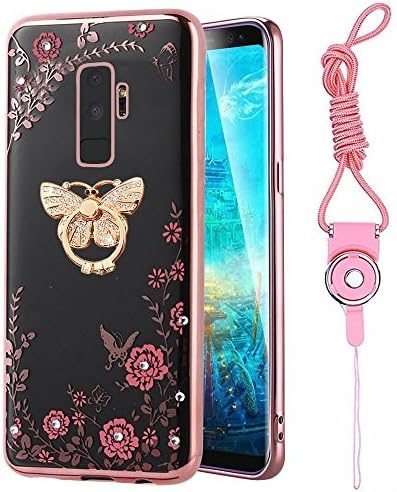 Galaxy S9 Plus Case, ZHFLY Shockproof Transparent Flowers Crystal Bumper Silicone TPU Gel Clear Bling Protective Rubber Soft Case Cover for Samsung Galaxy S9 Plus, Rose Gold + Butterfly Ring + Lanyard