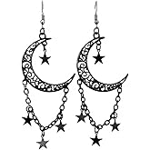 Gothic Moon Earrings for Women Vintage Black Moon Drop Dangle Earrings Dark Style Star Tassel Chain Earring Goth Mysterious Witch Crescent Earrings Halloween Jewelry