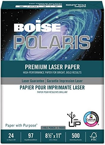 BOISE POLARIS Premium Laser Printer Paper, 8.5" x 11" Letter, 3 Hole Punch, 98 Bright White, 24 lb., 8 Ream Carton (4,000 Sheets)