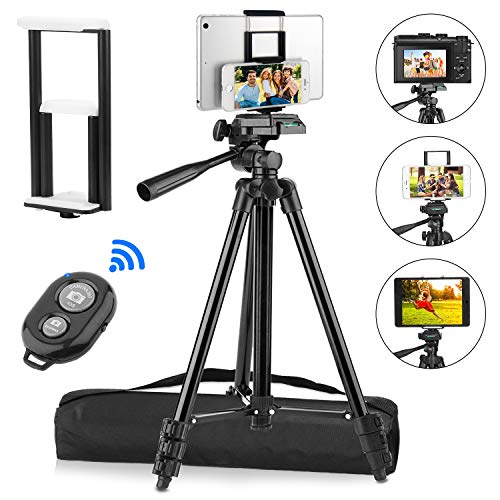 PEYOU Compatible for iPad iPhone Tripod, 50" Lightweight Aluminum Phone Camera Tablet Tripod + Wireless Remote + Universal 2 in 1 Mount Holder for Smartphone (Width 2.2-3.3"),Tablet (Width 4.3-7.3")