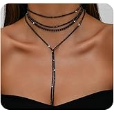 Mexegy Silver Rhinestone Necklace for Women Layered Black Cubic Zirconia Choker Necklaces Set Sparkly Long Y Lariat Necklaces Trendy Prom Party Jewelry Gifts