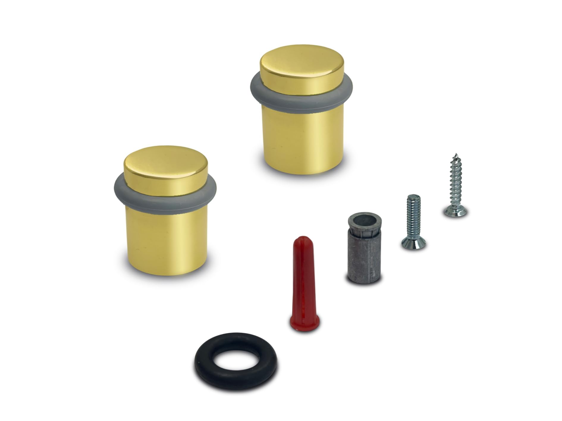 QCAA Cylindrical Floor Mount Door Stop, Height 1-1/2", Solid Brass, Polished Brass Lacquered, Made in Taiwan, 2 Pack