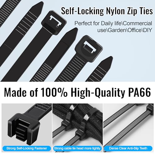 Hosuni Black Plastic Cable Ties UV 500 x 8 mm, 100 Pieces Black Cable Ties Professional Cable Ties, Temperature Resistant, for Office, Home, Outdoor, Garden