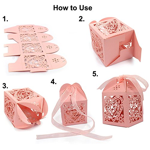 SODIAL(R) 70 Pack Love Heart -Cut Wedding Party Favor Box Candy Bag Chocolate Gift Boxes Bridal Birthday Shower with Ribbons (pink)