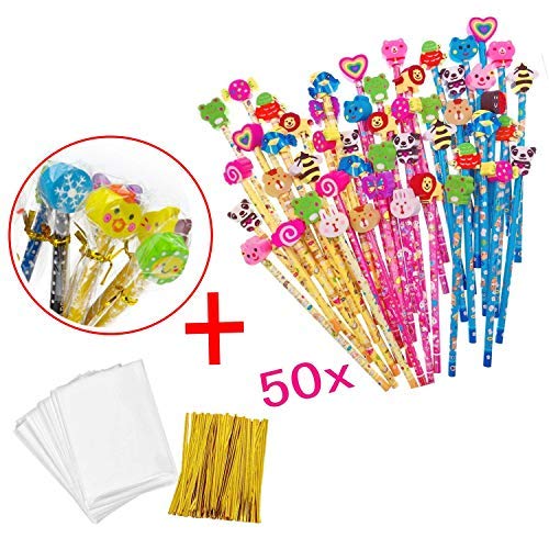 JZK 50 x Wooden Graphite Pencils Set with Cartoon Rubber erasers for Kids Children Party Favours give Away Thank You Gift Party Bag Filler Birthday for Boys Girls