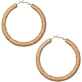 Handmade Rattan Earrings - Large Circle Braided Straw Wicker Drop Earrings - Light Weight Summer Hoops