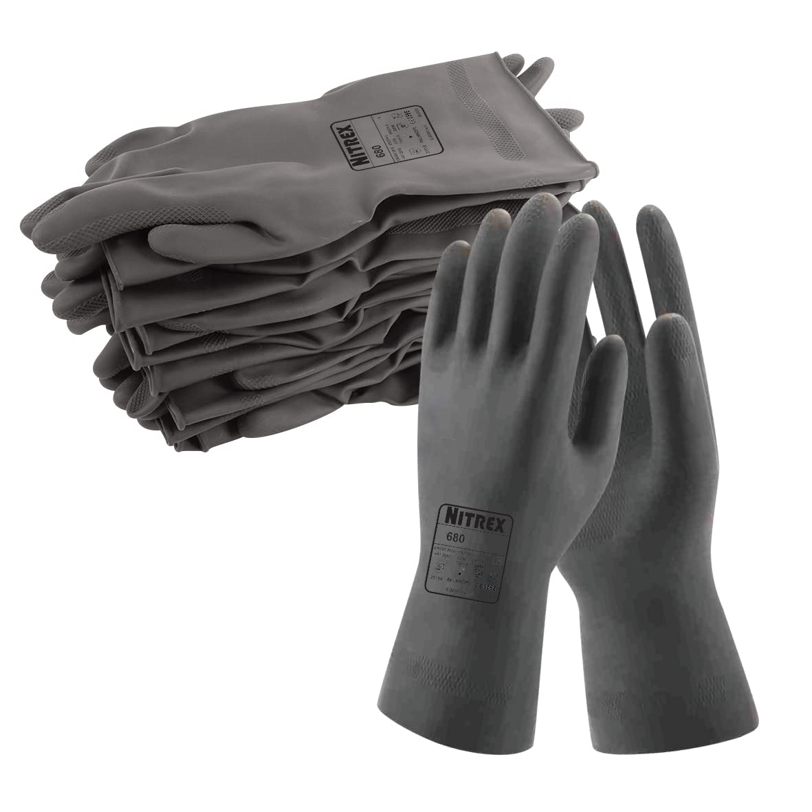 NITREX 680 Chemical Resistant Safety Gloves, Bag of 10 Pairs - Flock Lined Latex Chemical Resistant Gauntlet Gloves in Black, Size 9