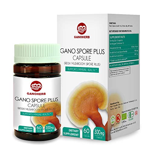 GANOHERB Organic Reishi Mushroom Spore Plus Capsules with 100% Ganoderma Lucidum Spore Powder+ Extract for Boost Immume System,Vegan,All Natural,Non-GMO & Gluten Free,60 Veggie Capsules