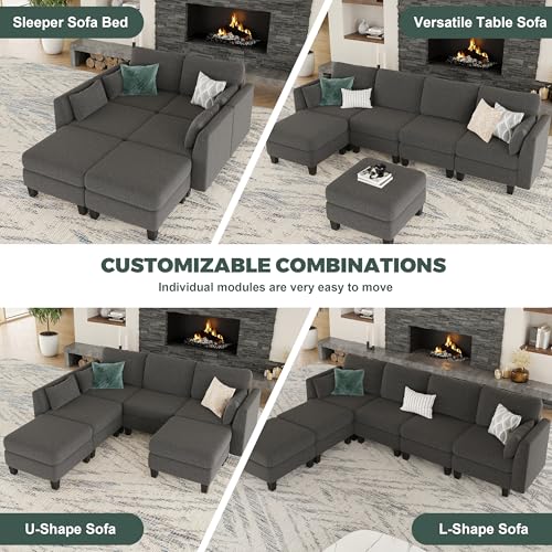 Modular Sectional Sofa, 6 Seaters Modular Sleeper Sofa Couch, Comfy Sectionals Couches Bed, Convertible Sofas with Ottomans, Sectional Couches for Living Room (Darkgray, U1)