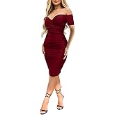 Ekaliy Women's Sexy Off The Shoulder Midi Dress Ruched Bodycon Dresses