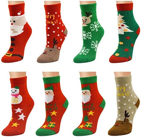 QHZHANG 8 Pack Women Christmas Socks Warm Fuzzy Fluffy Socks (A)