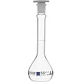 EISCO Volumetric Flask, 50ml - ASTM, Class A - Tolerance ±0.05ml - Interchangeable, Size 13 Polypropylene Stopper - Single, White Graduation - Borosilicate Glass