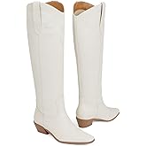 COMFITORIA Cowboy Boots for Women Square Toe Fashion Knee High Boots Wide Calf Chunky Heel Slip On Cowgirl Boot Classic Retro Country Western Tall Boot