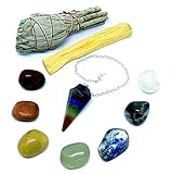 Chakra Pendulum with 7 Reiki Charged Tumbled Crystals, White Sage for Smudging, Palo Santo in Gift Bag and Instructions - 12 items