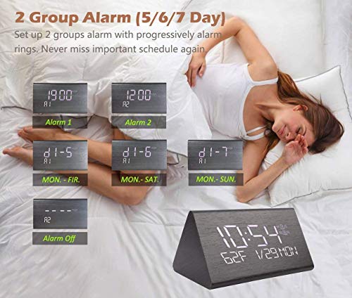 Digital Alarm Clock, Adjustable Brightness Voice Control Desk Wooden Alarm Clock, Large Display Time Temperature USB/Battery Powered for Home, Office, Kids