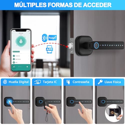 LOKOOY Cerradura Inteligente,Cerradura Electrónica 5 en 1,TUYA App Bluetooth,Huella Digital,Contraseña,Llave física,Tarjeta IC,Protección con Contraseña,Cerradura de Seguridad Fácil de Instalar(Negro)