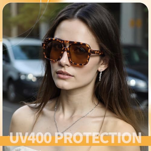 Apricitie Retro Sunglasses for Men and Women, Classic 70s Vintage Rectangular Oversized Square Sunglasses, Retro Glasses UV400 Protection, Trendy with Double Bridge Frame Glasses