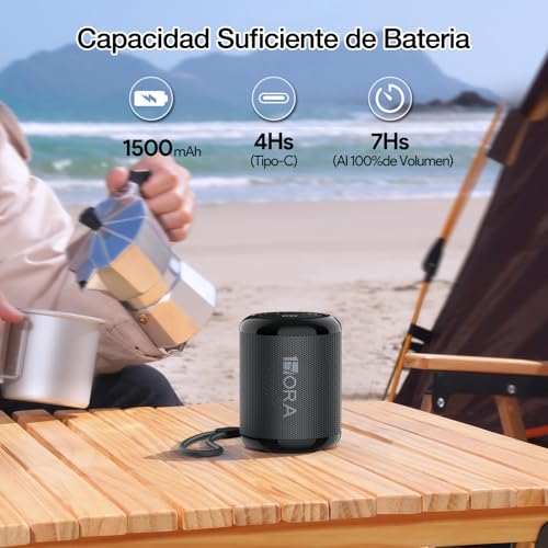 1 Hora Bocina Bluetooth Portátil 5W, Mini Bocina Inalámbrica con USB-C, Radio FM, TWS, USB/TF/AUX, Manos Libres, Batería 1500mAh, Bocina Pequeña para Viaje, Oficina y Casa, Negro