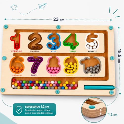 Labirinto Magnético de Madeira Infantil com Cores e Números – Brinquedo Educativo com Caneta Magnética – Coordenação Motora e Reconhecimento de Cores Montisessorial