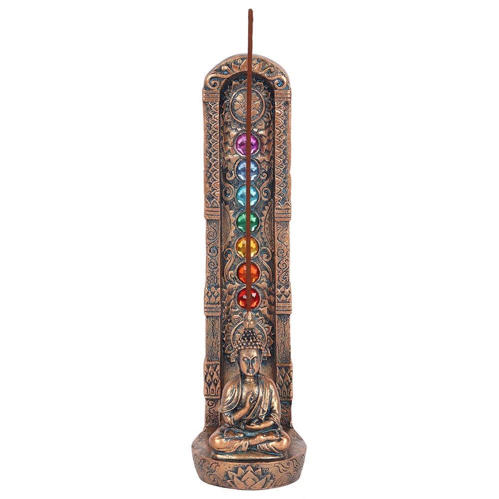 Enchanting Chakra & Buddha Incense Holder - 27cm x 10.5cm (1 Pc.) - Antique Bronze Finish with Vibrant 7-Color Chakra Accents - Premium Resin Material for Serene Meditation Space