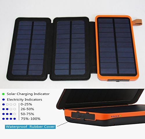 Solar Charger Waterproof 30000mAh Power Bank EZSTATION 1 or 3 Foldable Solar Panels Portable Battery Pack 2 USB For iPhoneX 8/7plus iPad Samsung Outdoor Camping Travelling (ORANGE (3 Solar Panels))