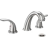 Phiestina 8 Inch 2 Handles 3 Holes Deck Mount Brushed Nickel Widespread Bathroom Faucet, with Stainless Steel Pop Up Drain, WF008-5-BN