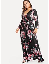 Floerns - Vestido largo para mujer, cuello en V, manga larga, con cinturón floral, talla grande