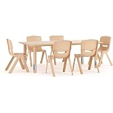 Flash Furniture Kids 47.25x23.6 in Activity Table with 6 Chairs, Natural | Adjustable Height Table, Plastic, Durable Construction, Commercial Use