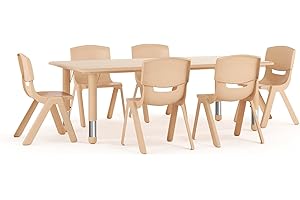 Flash Furniture Emmy Adjustable Classroom Activity Table with 6 Stackable Chairs, Plastic Activity Table for Kids, 23.625" W x 47.25" L, Natural
