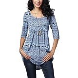 Destinas Women's 3/4 Sleeve Geometric Floral Print Tunic Blouse Tops Shirts L Blue
