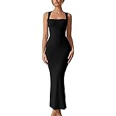 QINSEN Women's Square Neck with Lace Detail Long Maxi Dress Sleeveless Lounge Ribbed Full Length Dresses
