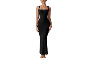 QINSEN Women's Square Neck with Lace Detail Long Maxi Dress Sleeveless Lounge Ribbed Full Length Dresses