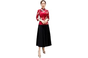 Shanghai Story Faux Silk Cheongsam Top Qipao Shirt Chinese Blouse with Black Linen Skirt