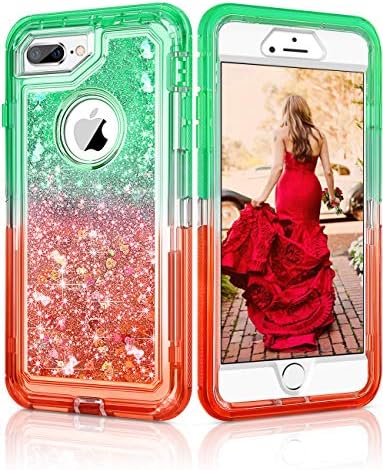 CHEERINGARY Case for iPhone 8 Plus Case, iPhone 7 Plus Case Flowing Quicksand Liquid Glitter Heavy Duty Shockproof Gradient Non-Slip Case for iPhone 6S Plus/6 Plus/7 Plus/8 Plus 5.5 Inch Green Red