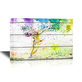 Skiing Canvas Wall Art - Girl Skating with Watercolor Style Background on Wood Style Background - Gallery Wrap Modern Home Art | Ready to Hang - 12x18 inches