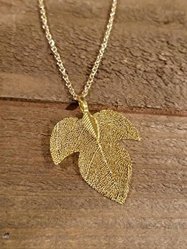 24k Gold Dipped Real Leaf Pendant Thin Chain Necklace Outdoor Rustic Nature Earth Jewelry (N9)