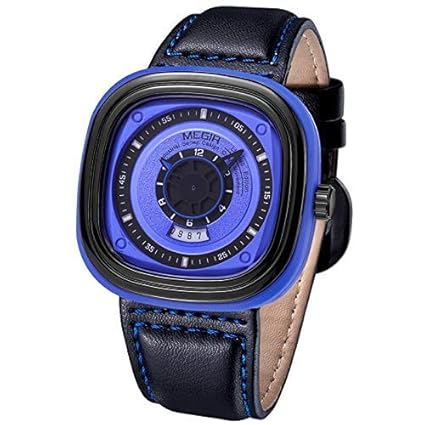 Bernsuisse Megir Military Black Leather Band Japanese Quartz Waterproof Mens Sportwatch (Blue)