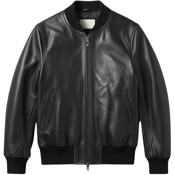 Men's Leather Bomber Jacket, Black, Zip Front (US, Alpha, X